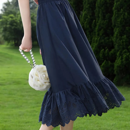 Blue High Waist A-line Cotton Lace Summer Skirt