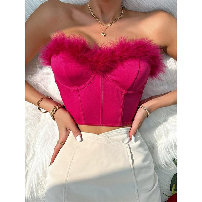 Top tubo con corsé elegante con ribete peludo