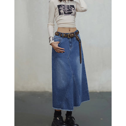 Jupe trapèze asymétrique en denim délavé vintage pour femme