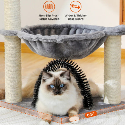 Arbre à chat compact avec hamac, griffoir et panier en peluche