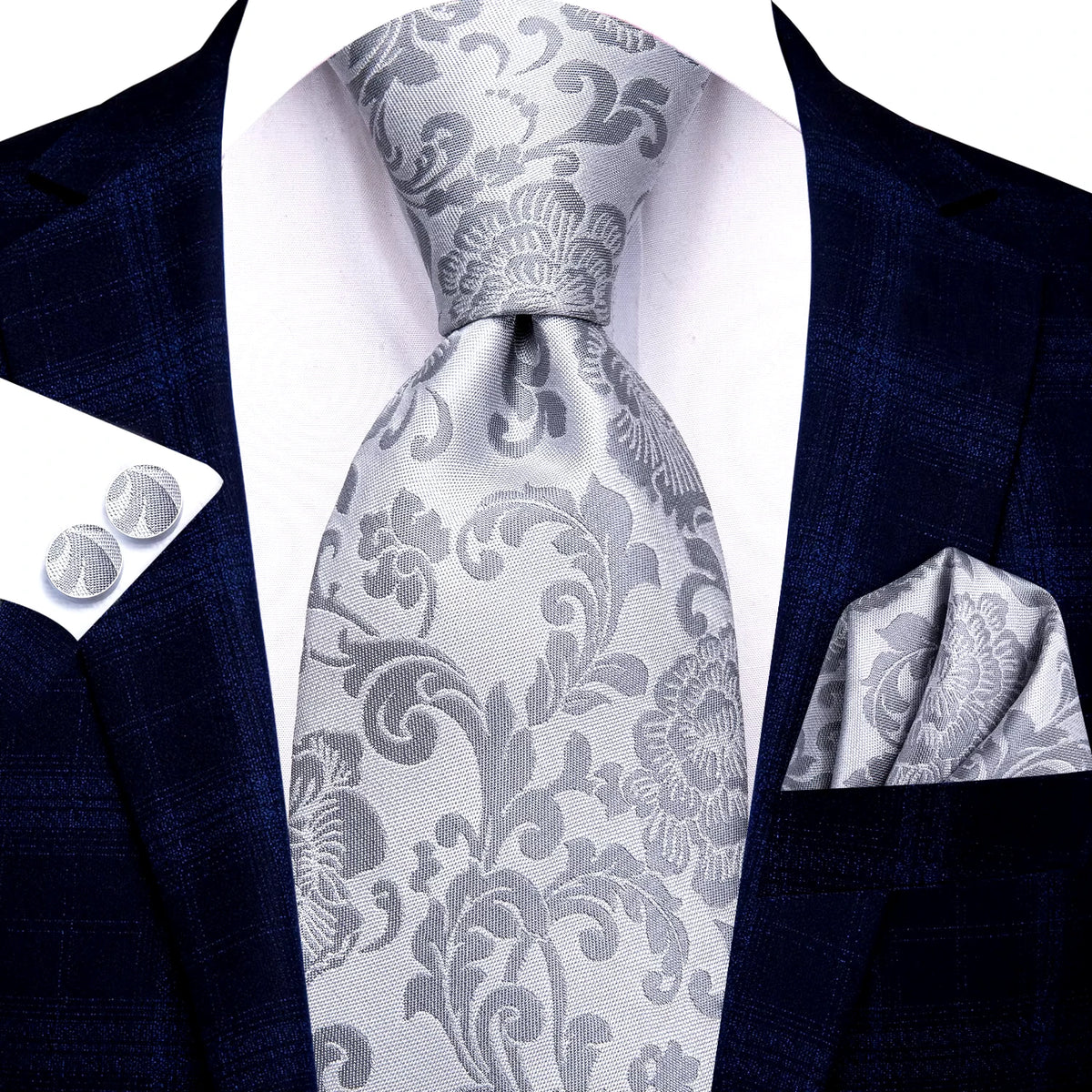Elegant Silver Grey Floral Men's Necktie Set