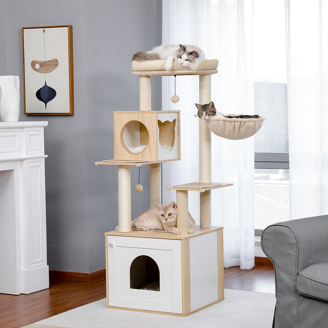 Arbre à chat de luxe à plusieurs niveaux avec armoire et poteaux en sisal