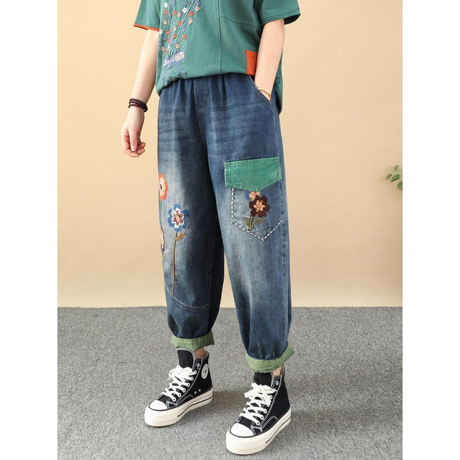 Jean Harem longueur cheville en patchwork brodé