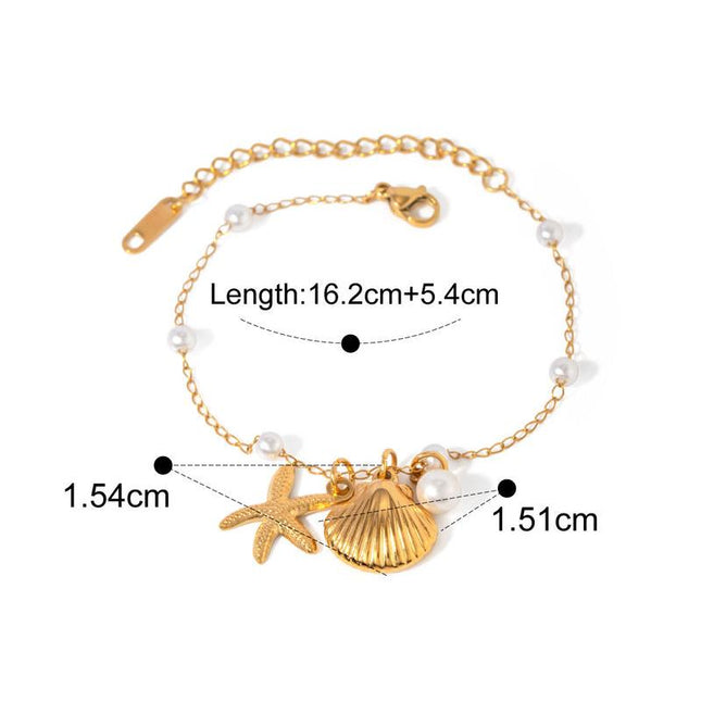 Pulsera con colgante de estrella de mar y perla bañada en oro de 18 quilates