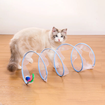 Túnel interactivo plegable para gatos con juguetes de plumas y ratón