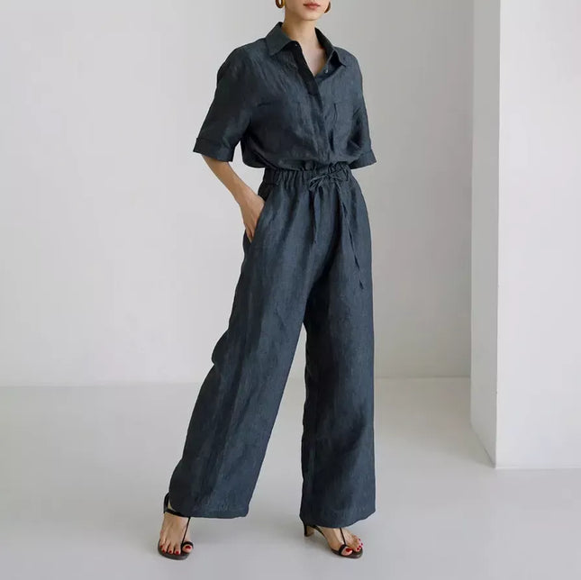 Short Sleeve Linen Jumpsuit with Wide Pants