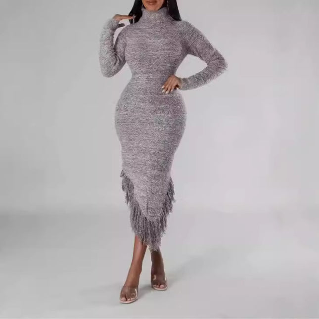 Vestido con borlas y manga larga y cuello redondo para mujer