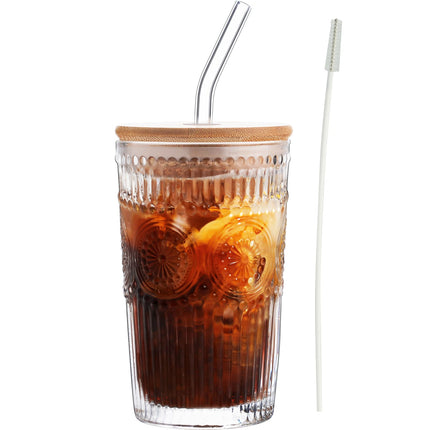 350ML Transparent Glass Cup with Wooden Lid & Straw