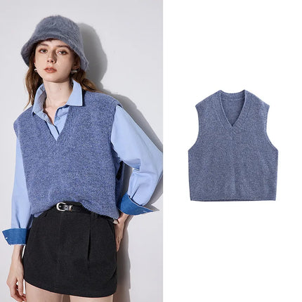 Pull tricoté sans manches à col en V en laine d'alpaga pour femme