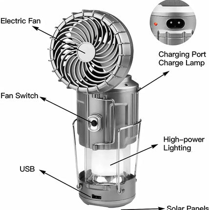 Lámpara y ventilador de camping recargables con energía solar y carga USB