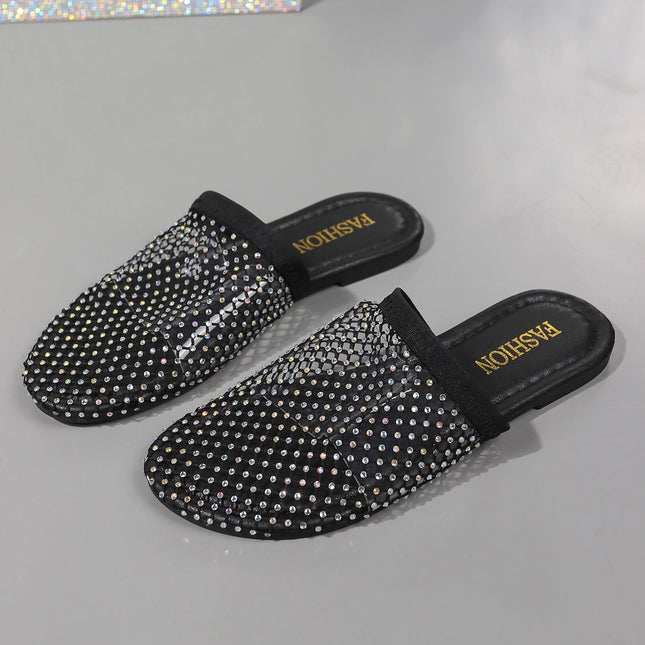 Sandales creuses transparentes à bout creux avec strass, pantoufles d'extérieur à la mode d'été, chaussures plates pour femmes