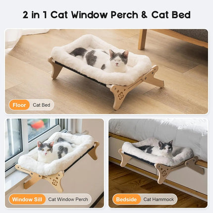 Hamaca de madera ajustable 2 en 1 para ventana de gato con cama suave