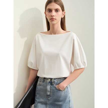 T-shirt minimaliste à manches lanternes en coton pour femme