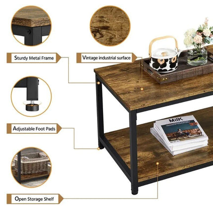 Rustic Industrial Coffee Table with Storage Shelf - Wnkrs