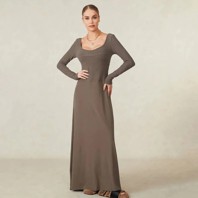 Elegante vestido largo de punto de otoño para mujer con escote cuadrado