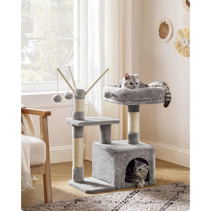 Árbol para gatos gris ahumado con percha acolchada y centro de actividades