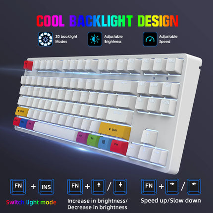 87-Key Wired Mechanical Keyboard with ABS Keycaps, Hot-Swappable Silent Red Switches, and White Backlight for Office and Gaming