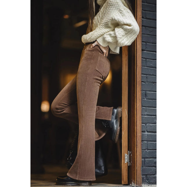 Pantalon évasé en velours côtelé élastique fendu vintage pour femme automne hiver