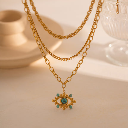 18K Gold-Plated Stainless Steel Multi-Layer Turquoise & Malachite Devil's Eye Necklace