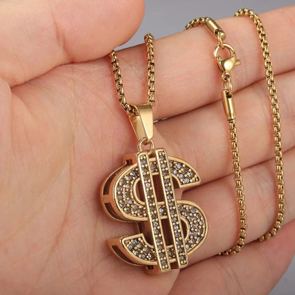 Stylish Gold & Silver CZ Dollar Symbol Pendant Necklace - Wnkrs
