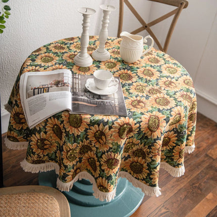 Elegante mantel redondo con estampado de girasoles en jacquard americano