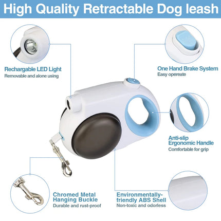 Laisse rétractable pour chien avec lumière intégrée, bol d'eau et boîte à nourriture pour chiens jusqu'à 88 lb