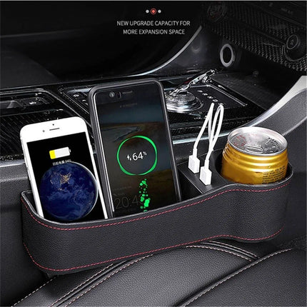 Leather Car Seat Gap Organizer with Dual USB Charging & Cup Holder - Wnkrs