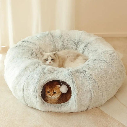 Lit en peluche pour chat avec tunnel