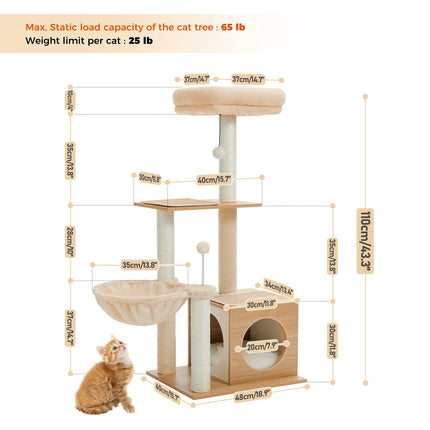 Torre moderna para gatos de interior con gran condominio, hamaca y cómoda plataforma superior