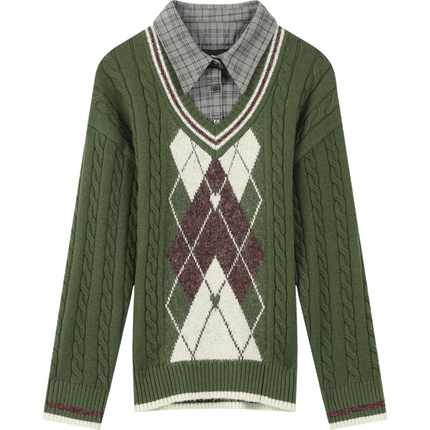 Retro Rhombus Spliced Pullover Sweater