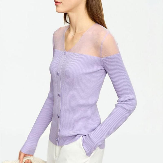 Pull patchwork slim à col en V pour femme