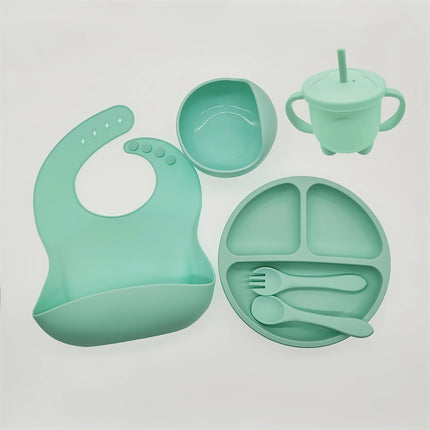Baby Silicone Feeding Set 6PCS - Suction Bowl, Bib, Cup, Fork, Spoon & Plate - BPA Free