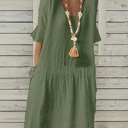 Cotton And Linen Solid Color Half Sleeves Bell Sleeve V-neck Large A-line Dress