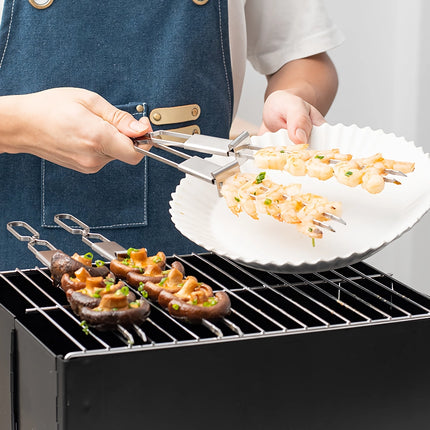 Tenedores para parrilla de barbacoa semiautomáticos de acero inoxidable: brochetas portátiles para acampar y hacer picnic