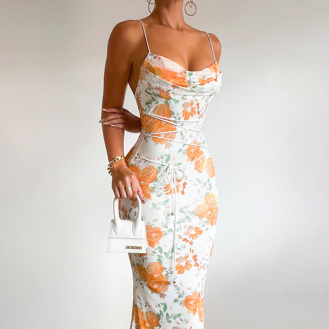Robe imprimée à lacets et bretelles spaghetti avec coupe à la taille