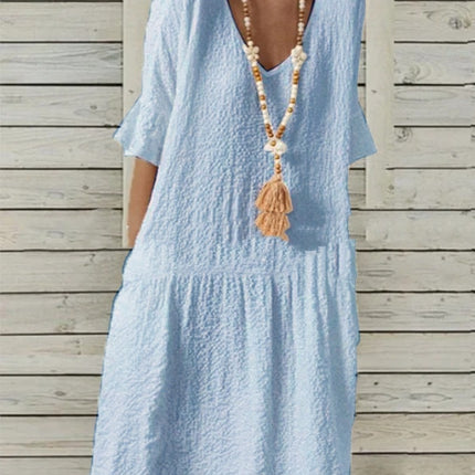 Cotton And Linen Solid Color Half Sleeves Bell Sleeve V-neck Large A-line Dress