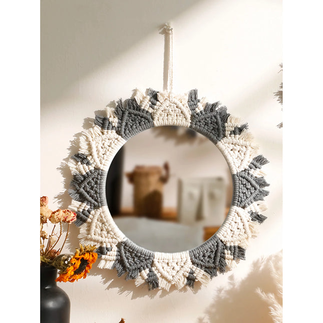 Miroir décoratif en macramé Boho - Décoration murale ronde noire et grise