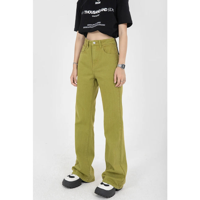 Pantalon en denim taille haute vert à la mode coréenne