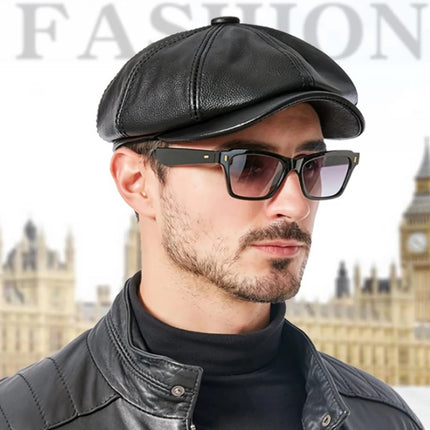 Genuine Leather Retro Octagonal Beret Cap for Men