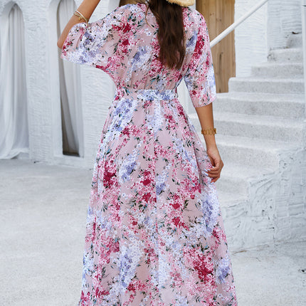 Elegant V-Neck Printed Dress with Cinched Waist