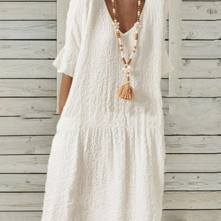 Cotton And Linen Solid Color Half Sleeves Bell Sleeve V-neck Large A-line Dress