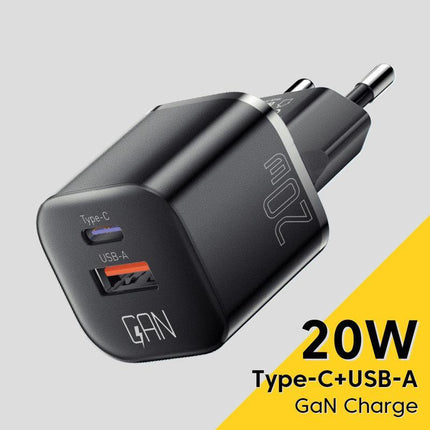 Cargador rápido GaN USB-C PD de 20 W con puerto dual QC 3.0