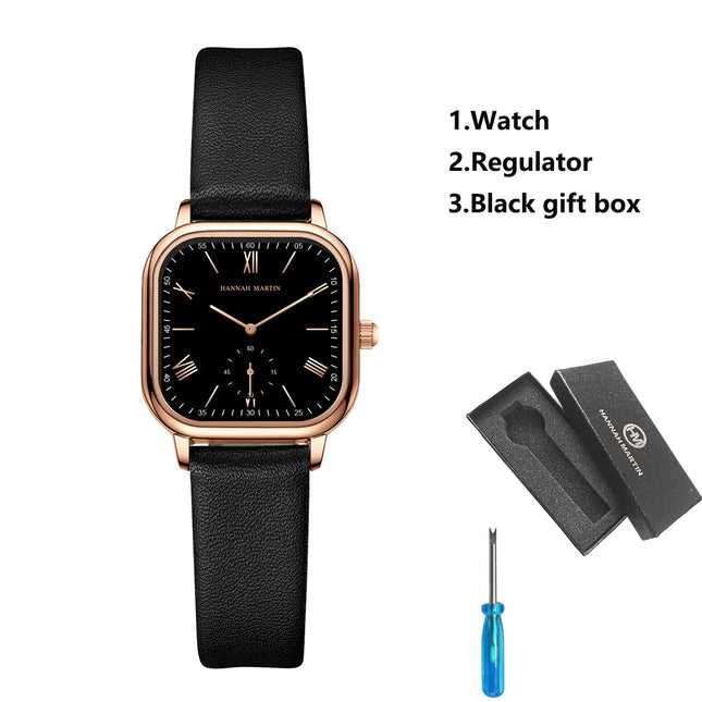 Elegante reloj cuadrado de oro rosa con correa de piel – Reloj de cuarzo resistente al agua de 3 barras