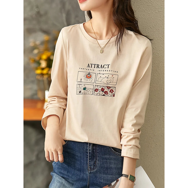 Pull d'automne en coton imprimé dessin animé pour femme à col rond