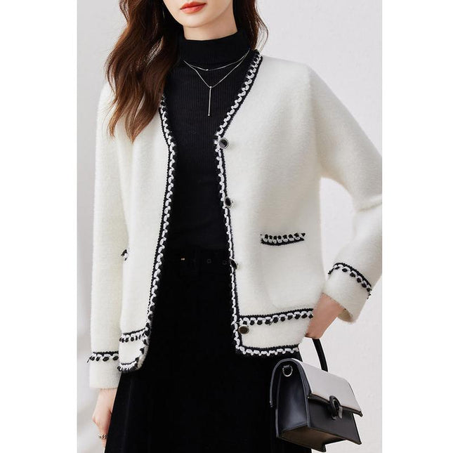 Elegant V Neck Knitted Cardigan for Women - Autumn Winter Long Sleeve Knitwear