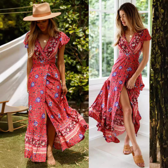 Vestido con escote en V y estampado bohemio