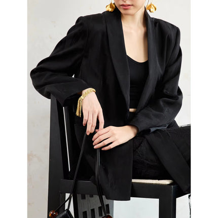 Blazer noir élégant avec décolleté et ruban pour femme de bureau