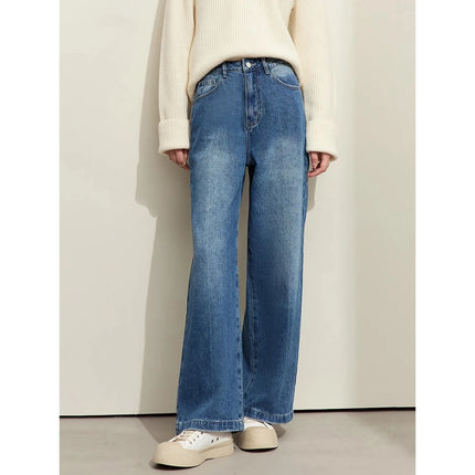 Vintage Casual Loose Wide-Leg Jeans for Women - Autumn Cotton Pleated Trousers