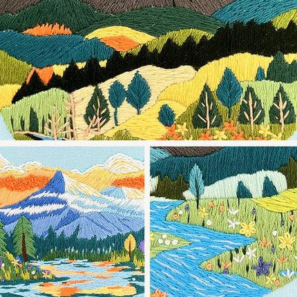 Kit de broderie de paysage DIY avec motif imprimé et cerceau en plastique