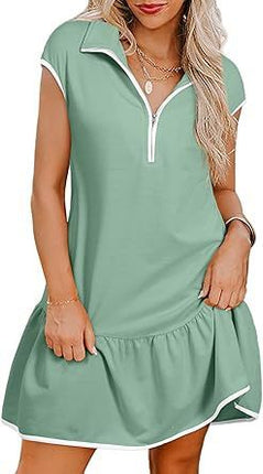 Women's Short Sleeve Polo Collar Zipper Waist Dress